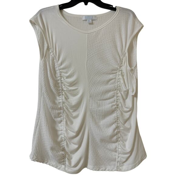 Bunulu XL Sleeveless Contrasting Material Panels Off-White Ruched Top - Picture 1 of 4